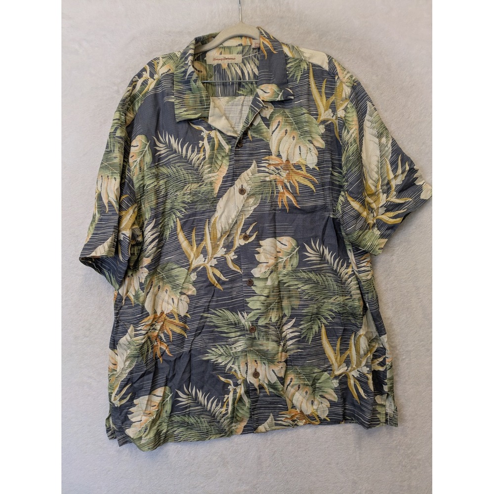 Tommy Bahama Button Down Women's XL Blue Silk Tropical Leaf‎ Hawaiian Shirt